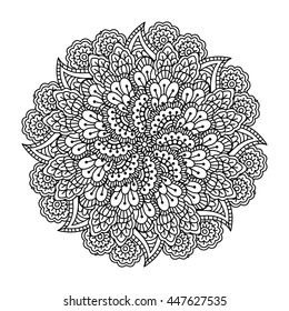 Round element for coloring book. Black and white floral pattern. Vector illustration.