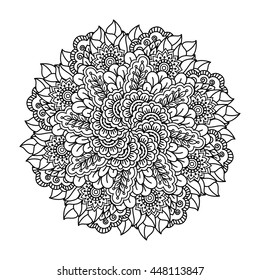 Round element for coloring book. Black and white floral pattern. Vector illustration.