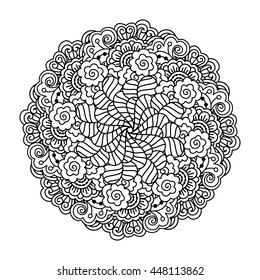Round element for coloring book. Black and white floral pattern. Vector illustration.