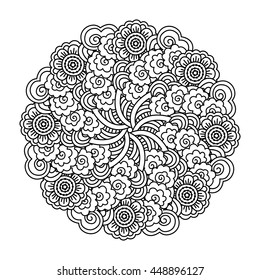 Round element for coloring book. Black and white floral pattern. Vector illustration.