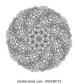 Round element for coloring book. Black and white floral pattern. Vector illustration.