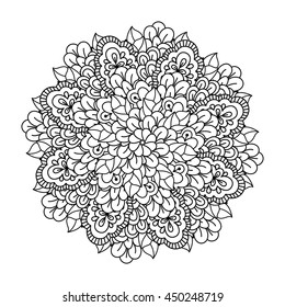 Round element for coloring book. Black and white floral pattern. Vector illustration.