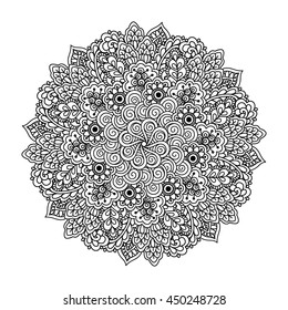 Round element for coloring book. Black and white floral pattern. Vector illustration.
