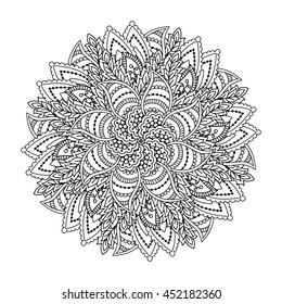 Round element for coloring book. Black and white floral pattern. Vector illustration.