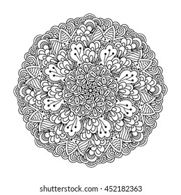 Round element for coloring book. Black and white floral pattern. Vector illustration.