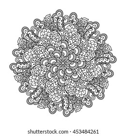 Round element for coloring book. Black and white floral pattern. Mandala. Vector illustration.