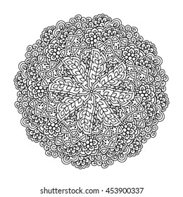 Round element for coloring book. Black and white ethnic pattern. Floral mandala. Vector illustration. 