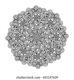 Round element for coloring book. Black and white floral pattern. Vector illustration.