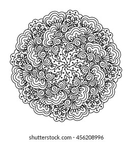 Round element for coloring book. Black and white floral pattern. Vector illustration.