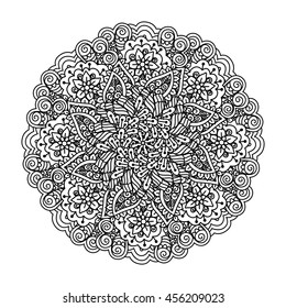 Round element for coloring book. Black and white floral pattern. Vector illustration.