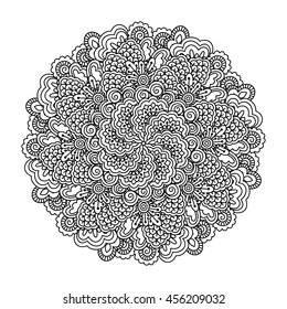 Round element for coloring book. Black and white floral pattern. Vector illustration.