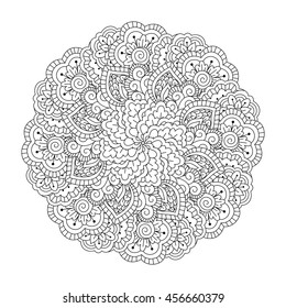 Round element for coloring book. Black and white floral pattern. Vector illustration.