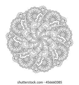 Round element for coloring book. Black and white floral pattern. Vector illustration.