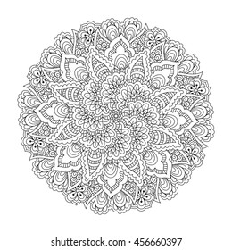 Round element for coloring book. Black and white floral pattern. Vector illustration.
