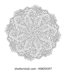 Round element for coloring book. Black and white floral pattern. Vector illustration.