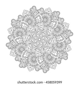 Round element for coloring book. Black and white floral pattern. Vector illustration.