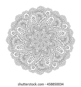 Round element for coloring book. Black and white floral pattern. Vector illustration.
