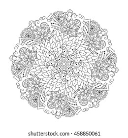 Round element for coloring book. Black and white floral pattern. Vector illustration.
