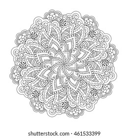Round element for coloring book. Black and white floral pattern. Vector illustration.