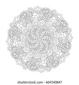 Round element for coloring book. Black and white floral pattern. Vector illustration.