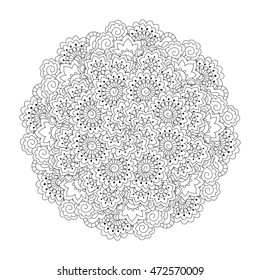 Round element for coloring book. Black and white floral pattern. Vector illustration.