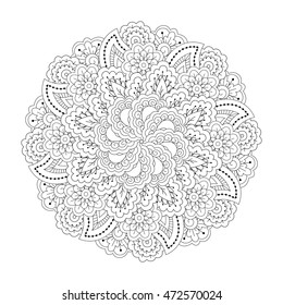 Round element for coloring book. Black and white floral pattern. Vector illustration.
