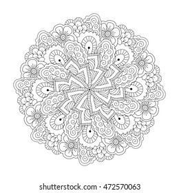 Round element for coloring book. Black and white floral pattern. Vector illustration.