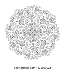 Round element for coloring book. Black and white floral pattern. Vector illustration.