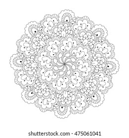 Round element for coloring book. Black and white floral pattern. Vector illustration.