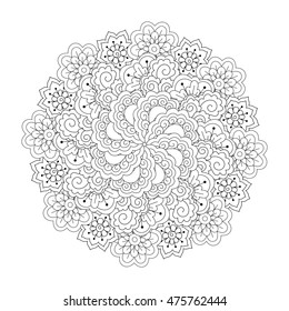 Round element for coloring book. Black and white floral pattern. Vector illustration.