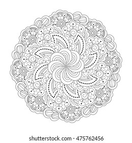 Round element for coloring book. Black and white floral pattern. Vector illustration.
