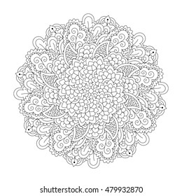 Round element for coloring book. Black and white floral pattern. Vector illustration.

