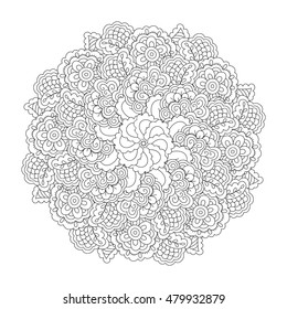 Round element for coloring book. Black and white floral pattern. Vector illustration.

