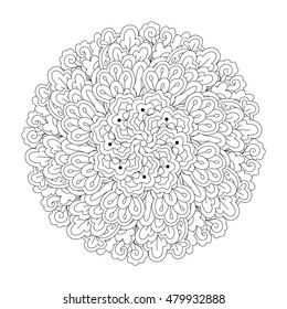 Round element for coloring book. Black and white floral pattern. Vector illustration.

