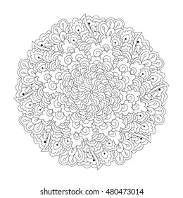 Round element for coloring book. Black and white floral pattern. Vector illustration.
