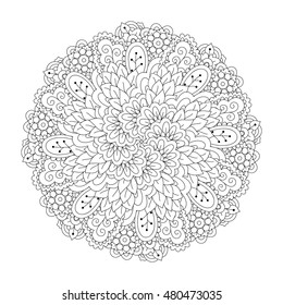 Round element for coloring book. Black and white floral pattern. Vector illustration.