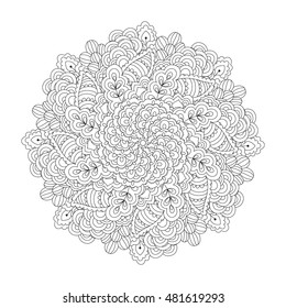 Round element for coloring book. Black and white ethnic henna pattern. Floral mandala.

