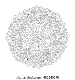 Round element for coloring book. Black and white floral pattern. Vector illustration.