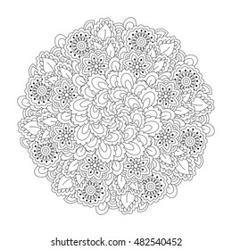 Round element for coloring book. Black and white floral pattern. Vector illustration.