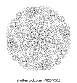 Round element for coloring book. Black and white floral pattern. Vector illustration.