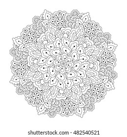 Round element for coloring book. Black and white floral pattern. Vector illustration.