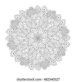 Round element for coloring book. Black and white floral pattern. Vector illustration.