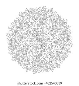 Round element for coloring book. Black and white floral pattern. Vector illustration.