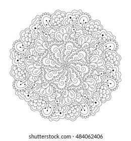 Round element for coloring book. Black and white floral pattern. Vector illustration.
