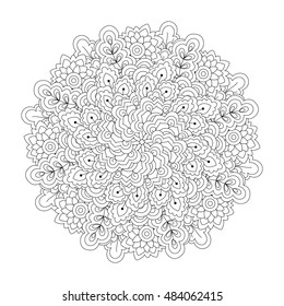 Round element for coloring book. Black and white floral pattern. Vector illustration.