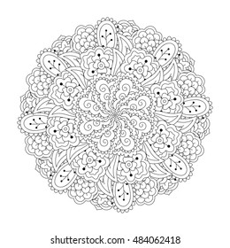 Round element for coloring book. Black and white floral pattern. Vector illustration.