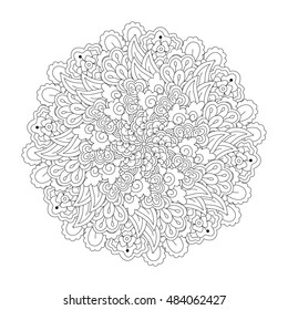 Round element for coloring book. Black and white floral pattern. Vector illustration.