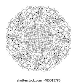Round element for coloring book. Black and white floral pattern. Vector illustration.