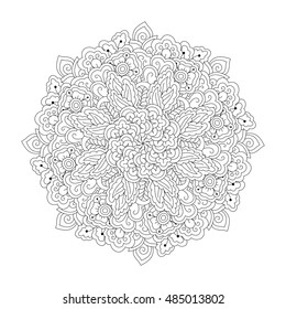 Round element for coloring book. Black and white floral pattern. Vector illustration.