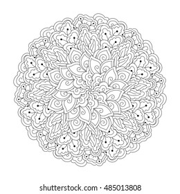 Round element for coloring book. Black and white floral pattern. Vector illustration.